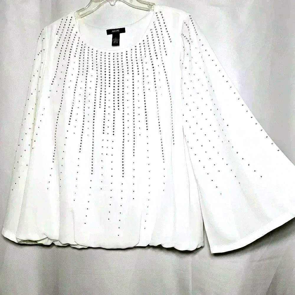 Alfani Womens White Scoop Neck Embellished Poly Blouson Top Size Large